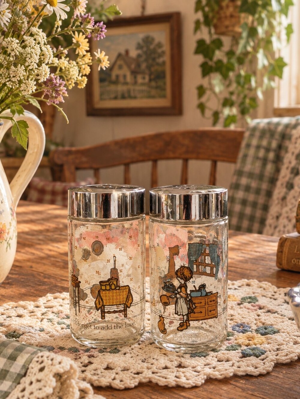 HOLLY HOBBIE Glass Salt and Pepper Shakers 1980 American Greetings Spice Jars